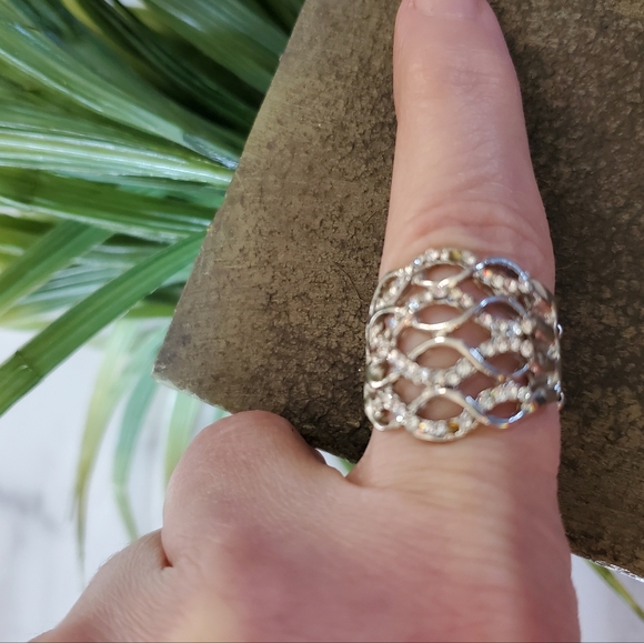 Silver Tone Adjustable Band Ring with Rhinestones 💥3 for $24💥 - Picture 9 of 14